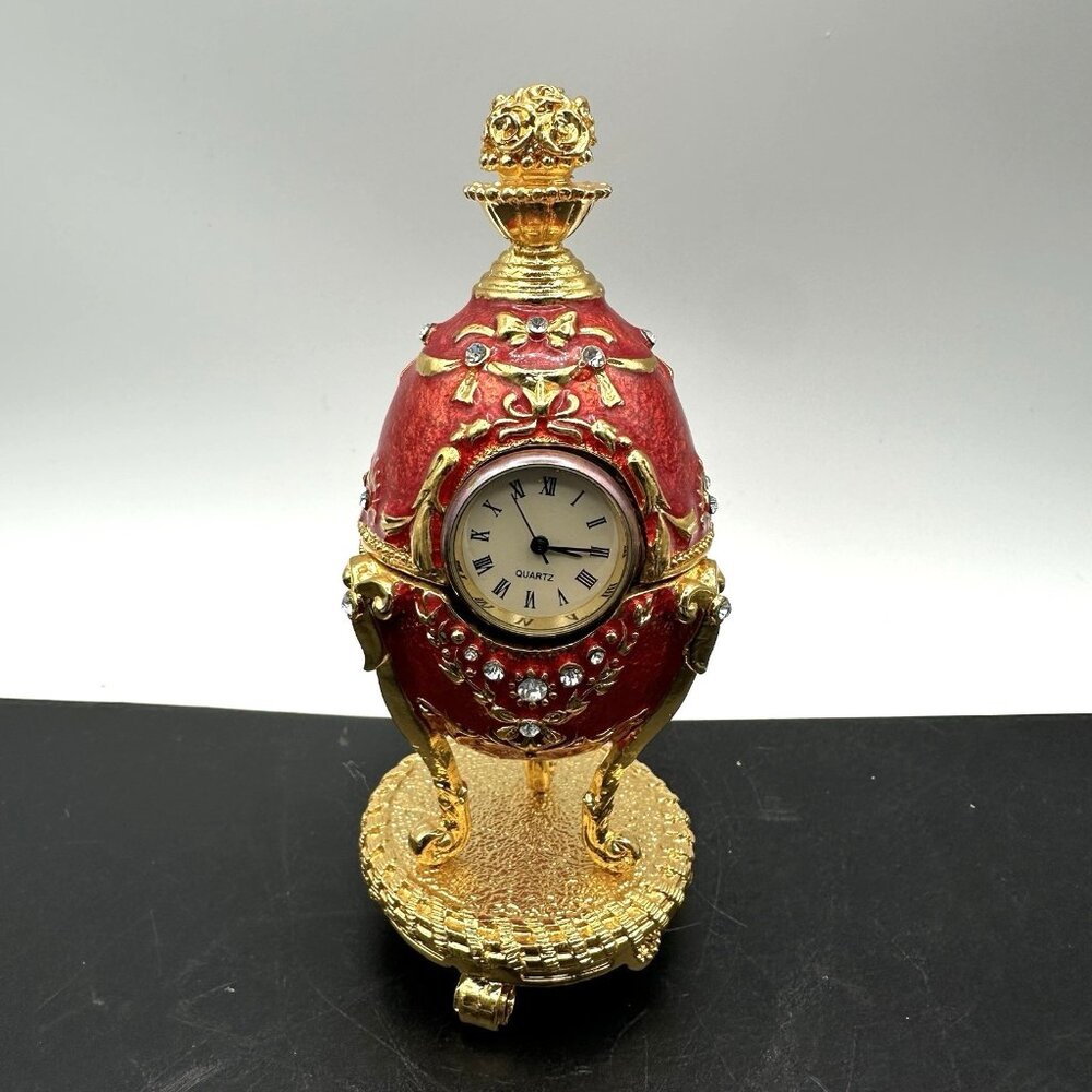 Enameled Bejeweled Faberge Style Egg Clock Trinket Box Red 24K Gold Plated Stand